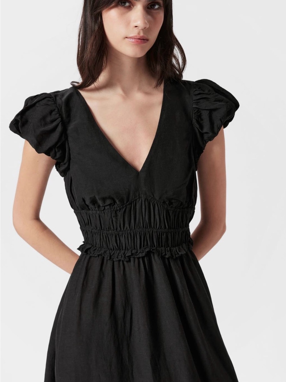 And Other Stories Smocked Waist Black Dress with Puff Sleeves